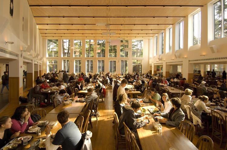 Thorne Hall: large room with high ceiling, rows of tables and the sun coming in floor to ceiling windows